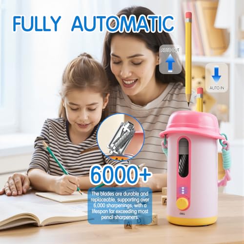 deli Electric Pencil Sharpener, Fully Automatic Pencil Sharpener, Pink | for 6.9-10.8mm Colored/Jumbo Pencils, Auto in & Out,Rechargeable Hands-Free Sharpener for Home/Office, Low Noise - color: Pink