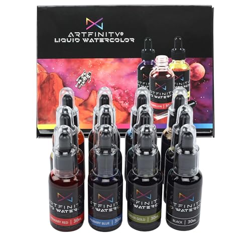 Artfinity Liquid Watercolor Paint 30 ml Bottles, Set of 12 Colors - Vibrant Dye-Based Liquid Watercolor w/Glass Pipette, Fast-Drying, Fine Art Paint for Calligraphy, Airbrushing & Traditional Art - color: Assorted, size: 12.2 fl oz