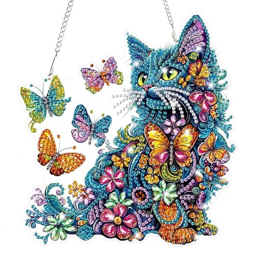 Bowetile Colorful Cat Diamond Art Hanging Kits for Adults, 5D Special Shape Diamond Painting Cats Window Pendant Kits, Animal Gem Art Suncatchers Ornament for Home Garden Wall Decor - color: Cat-02
