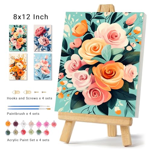 obterie 4 Pack Framed Paint by Numbers Kit for Adults Beginner Canvas Painting by Numbers for Adults Flowers Easy Adult Paint by Number Kits with Frame Flower Watercolor Painting by Number 8x12 Inch - color: YFb0104