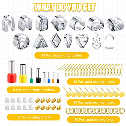 Amylove 72 Pieces Polymer Clay Roller Tools Machine Clay Conditioning Machine Polymer Clay Cutter Kit with Shapes Stainless Steel Clay Earring Cutters Earring Hooks Accessories for Clay Earring Making
