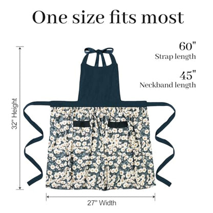 Cute Floral Apron for Women with Pockets, Cotton, Adjustable Straps - color: Dark Green