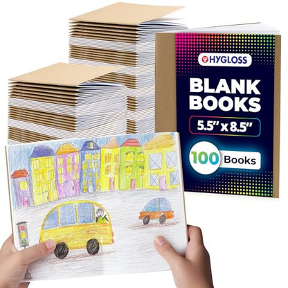 Hygloss Blank Books - Bulk 100 Pack – 5.5" x 8.5" A5 Kraft Paperback Blank Books for Kids to Write Stories, Doodle, Arts & Crafts – Plain Drawing Sketchbook, Unlined Journal, Notebook Without Lines - color: Kraft, style: 100 Books