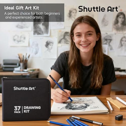 Shuttle Art Sketching and Drawing Pencils Set, 37-Piece Professional Sketch Pencils Set in Zipper Carry Case, Drawing Kit Art Supplies with Graphite Charcoal Sticks Tool Sketch book for Adults Kids