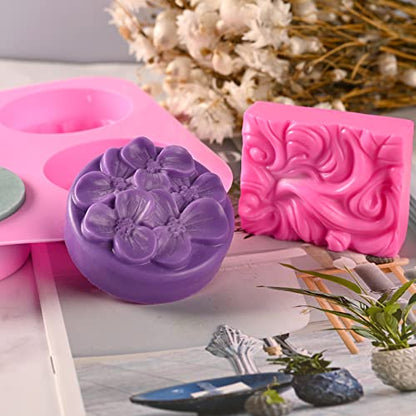 Sakolla 2 Pack Silicone Soap Molds, 4 Cavities Rectangle Wave and Round Flower Silicone Molds for Handmade Soap, Candle and Mousse Cake - color: Wave+Flower/Pink & Blue