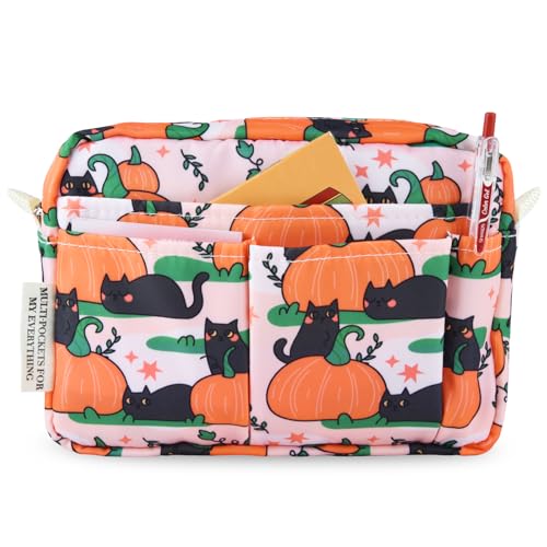 Multiple Pockets Portfolio Organizer with Zippered,Storage Pencil Pouch Bag - color: Pumpkin Cat