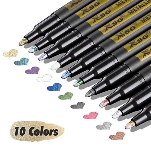 XSG Metallic Marker Pens, markers Set of 10 Colors Metallic Permanent Markers for Black Paper,Rock Painting, Card Making,DIY Photo Album, Scrapbook Crafts, Metal, Wood, Ceramic, Glass (Medium tip)