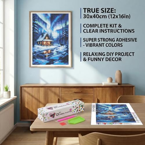 ZenPhyralis Aurora Borealis Diamond Painting Kit for Adults, Northern Lights Reindeer Log Cabin Winter Scene, 12x16 Full Drill Round Diamond Art, Cabin Wall Decor