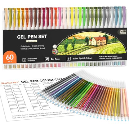 Shuttle Art 60 Pack Earth Tone Gel Pens, 30 Brown Earth Tone Gel Pens with 30 Refills for Adults Coloring Books Journaling Drawing Nature, Landscapes, Animals Scenes - color: 60 Pack Earth Tone