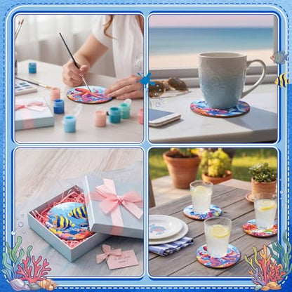 Reallnaive 8 Pcs Ocean Paint by Numbers Kit for Adults Wood Coastal Coaster | Mini Paint by Numbers, Tiny Marine Animal Round Oil Painting Drink Coaster with Holder, for Small DIY Craft Pink Blue Gift - style: Ocean