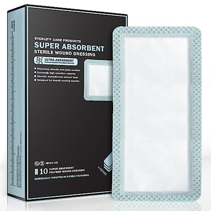 EVERLIT Super Absorbent Dressing for Wound Care | Nonstick Soft Surgical Gauze Pad for Heavily Exuding Wounds | Large Sterile Non-Adhesive Bandage for Fast Healing Wound Care | Pack of 10 (4" x 8") - size: 4" x 8"