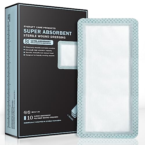 EVERLIT Super Absorbent Dressing for Wound Care | Nonstick Soft Surgical Gauze Pad for Heavily Exuding Wounds | Large Sterile Non-Adhesive Bandage for Fast Healing Wound Care | Pack of 10 (4" x 8") - size: 4" x 8"