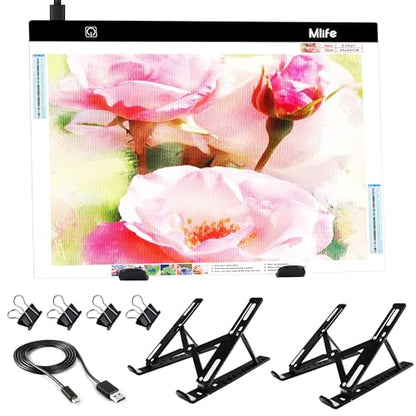Mlife A2 LED Light Pad for Diamond Painting, Light Board USB Powered Tracing Light with Stand & 4 Fasten Clips - style: A2 kits