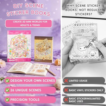 3D Sticker Scene Book 2-Pack | 67 Pages, 26 Immersive Scenes, DIY Miniature Diorama Kit, Stress Relief & Focus - color: 2-book Set | 67 Sheets (7.7x5.4in & 10.3x7.9in)