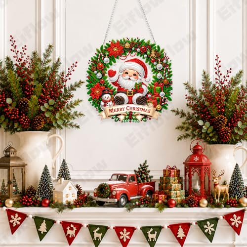 Eiflow Acrylic Christmas Diamond Art Hanging Kit for Adults Santa Claus, DIY Diamonds Painting Door Hanger Ornament Kit Wreath Crystal Diamond Art Painting Wall Window Hanging Pendant - color: Santa Claus