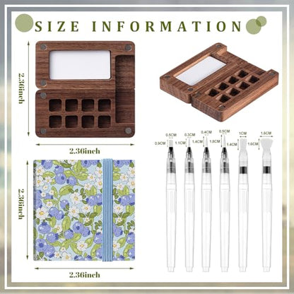 Qilery Mini Portable Watercolor Palette Set Wooden Grid Paint Box Watercolor Paper Sketch Book Brush Pens with Binder Clip for Painters Artist Not Include Paint(Blueberry) - style: Blueberry