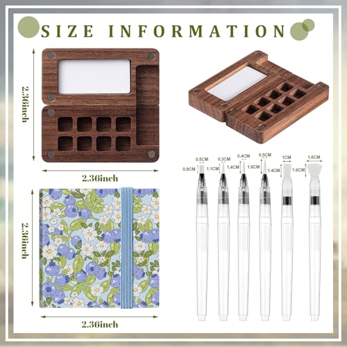 Qilery Mini Portable Watercolor Palette Set Wooden Grid Paint Box Watercolor Paper Sketch Book Brush Pens with Binder Clip for Painters Artist Not Include Paint(Blueberry) - style: Blueberry