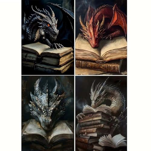 4 Packs Diamond Painting Kits for Adults-5D Dragon Diamond Art Kits for Adults Beginners,DIY Full Drill Round Dimond Art Crafts Paintings Kits for Adults,Home Books Room Wall Decor 12 X 16 Inch - color: GM8818-GM8821