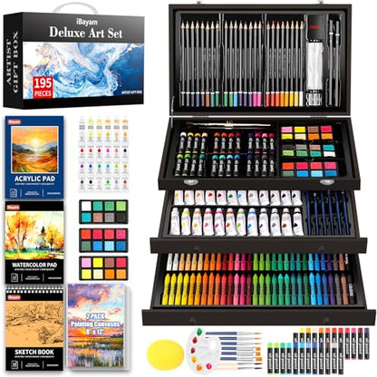 iBayam Art Set,195-Pack Arts and Crafts for Kids Ages 8-12, Deluxe Gift Box | Painting Kit Art Supplies for Adults Teens Kids, Art Kits with 24 Acrylic Paint, Sketchbook, Canvases, Crayons, Pencils - color: Black
