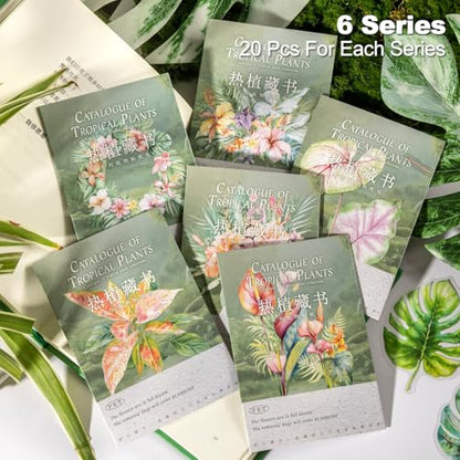 120 Pcs Tropical Flower and Leaf PET Stickers for Scrapbooking | Floral bouquets and lush foliage; pre-cut, transparent and water-resistant for journals, collages and crafts - color: Botanical Library