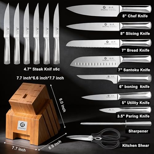 imarku 16PCS Stainless Steel Knife Set, Full Tang Design with Wooden Block | Knife Set With Block And Sharpener, High Carbon Stainless Steel Blades, Ergonomic Non-Slip Handles, Dishwasher Safe Design - color: Brown-Sliver, size: 16 Pcs