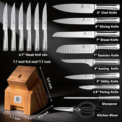 imarku 16PCS Stainless Steel Knife Set, Full Tang Design with Wooden Block | Knife Set With Block And Sharpener, High Carbon Stainless Steel Blades, Ergonomic Non-Slip Handles, Dishwasher Safe Design - color: Brown-Sliver, size: 16 Pcs