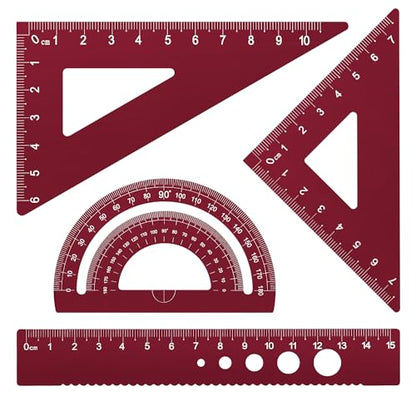 Honagu Triangular Ruler Set, 4 Pieces Aluminum Alloy Ruler, Metal Drafting Ruler, Geometric Protractor for Students, Draftsmen, Engineers, School Office Supplies (Rose Red) - color: Rose Red