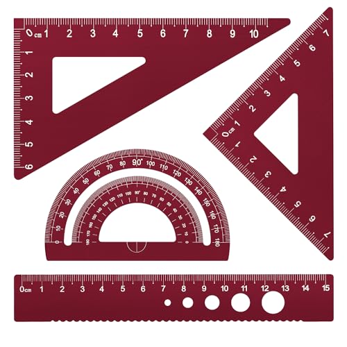 Honagu Triangular Ruler Set, 4 Pieces Aluminum Alloy Ruler, Metal Drafting Ruler, Geometric Protractor for Students, Draftsmen, Engineers, School Office Supplies (Rose Red) - color: Rose Red