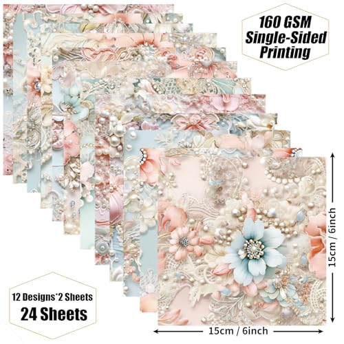 Scrapbook Paper 6x6, 24 Sheets Vintage Scrapbooking Floral Single-Side Paper Pack for Art Album Junk Journal Card Making Decorative Scrapbook Supplies - color: Pearl Embroidery