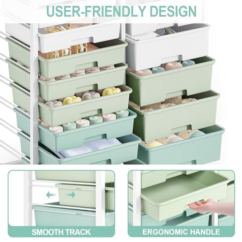 SYKIARIOL 14 Drawer Rolling Cart with Tabletop & DIY Pegboard, Storage Cart with Wheels, Classroom Organizers Utility Cart for Office Home School, Art Supplies, Mobile Craft Organizer, Green