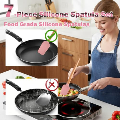 7 Piece Silicone Spatula Set, Food Grade Rubber Spatula Set with Wooden Handle, Heat Resistant Up to 600°F, Silicone Utensils Set for Baking, Cooking & Mixing, Jar, Non-Stick Kitchen Utensils(Pink) - color: Pink