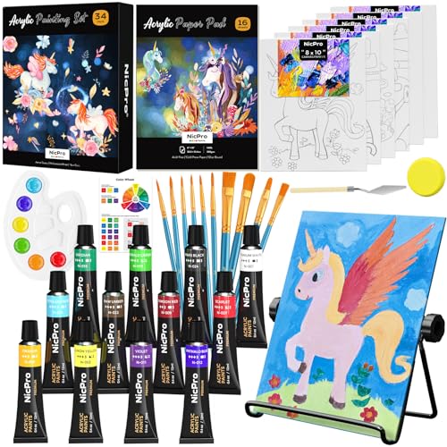 Nicpro 34PCS Kids Painting Set with Pattern Canvas for Beginner Students | 12 Acrylic Paints, 10 Brushes, 6 Canvas Panels, Table Easel, Paper Pad, Color Wheel, Palette, Art Painting Supplies Kit - color: 12 Colors