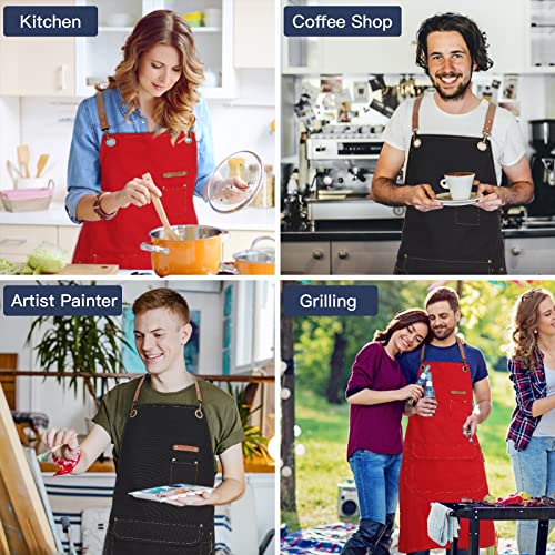 Genixart Chef Apron Men Women, Kitchen Aprons Cooking, BBQ - Red | Box Packed, Cotton Canvas, Cafe, Bar, Workshop, Restaurant, Water & Oil Stain Resistant, Cross Back Adjustable, Large Pockets - color: Red