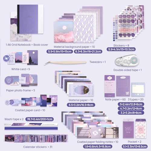 Scrapbook Photo Album Supplies Kit with Tweezers and Glue Tape – Romantic Stationery Aesthetic Junk Journal Kit, Scrapbooking Paper, Sticker Pack, Notebook, DIY Craft, Gift for Teen Women (Monnlight) - color: Monnlight