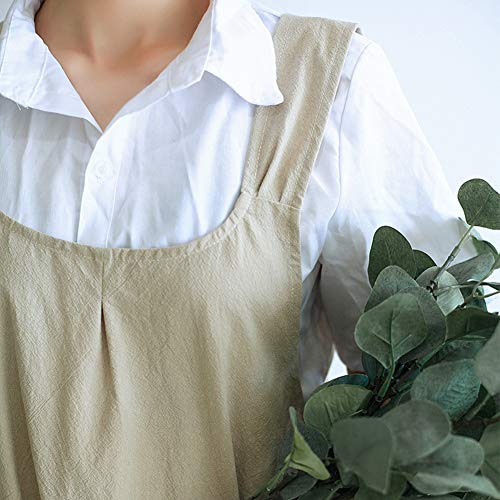 NEWGEM Japanese Cotton Linen Cross Back Cooking Apron for Women Men with Pockets Cute for Baking Kitchen - color: 06 - Women's Khaki
