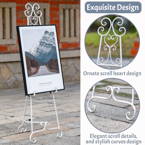 Heavy Duty Easel Stand for Wedding Sign, Adjustable Metal Display Easel - style: Scroll-White