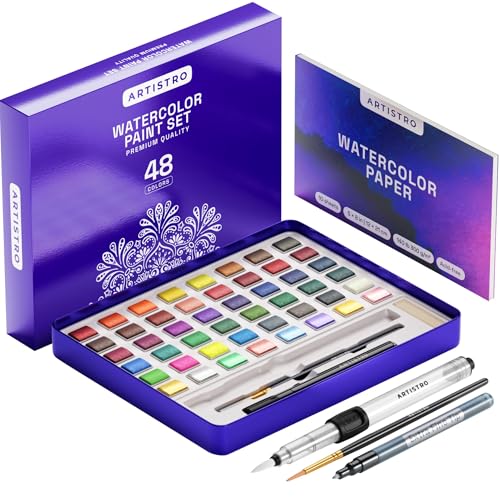 ARTISTRO Watercolor Paint Set with Palette & Brush Pens - 48 Colors | Portable Paint Art Kit, Travel Water Color Set, For Adults, Professionals, & Kids, Art & Painting Supplies, Gift Idea - style: 48 colors Full Size