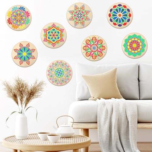 Watersay 42 Pack 6 Inch Mandala Painting Kit, 8 Stencils 18 Wood 18 Pencil | Unfinished Wood Circles to Paint, Reusable Stencil Designs, Ideal for Diwali Crafts and Adult DIY Decor