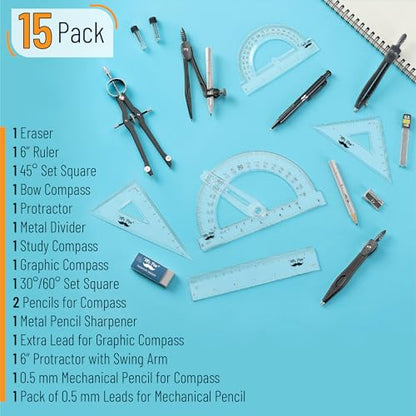 Mr. Pen- Geometry Set, 15 pcs, Black, 6 Inch Swing Arm Protractor, Divider - color: Black