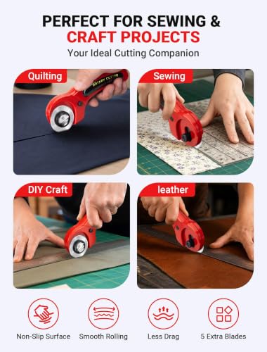 45mm Fabric Rotary Cutter with 5 Extra Blades, Ergonomic Handle | 45mm rotary cutter with five extra blades, ergonomic grip and safety lock for quilting, sewing, leather and crafts.