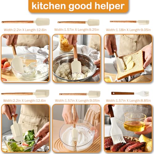 7 Piece Silicone Spatula Set, Food Grade Rubber Spatula Set with Wooden Handle, Heat Resistant Up to 600°F, Silicone Utensils Set for Baking, Cooking & Mixing, Jar, Non-Stick Kitchen Utensils - color: White