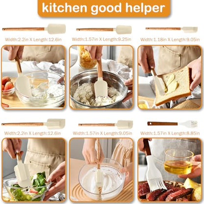 7 Piece Silicone Spatula Set, Food Grade Rubber Spatula Set with Wooden Handle, Heat Resistant Up to 600°F, Silicone Utensils Set for Baking, Cooking & Mixing, Jar, Non-Stick Kitchen Utensils - color: White
