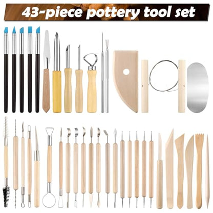 43 Pcs Pottery Tools Pottery Sculpting Tool, Potterys Kit, Clay Sculpting Tools at Home, Ceramics Tool Set with Carrying Case Bag and Apron, for Potterys Wheel, DIY Art and Craft (Natural Wood Color) - color: Natural Wood Color