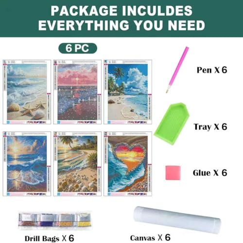 6 Pack Diamond Art Kits for Adults, Beach Diamond Painting Kits 12x16 inch - color: 6 Pack Beach, size: 11.8x15.7in(30x40cm)
