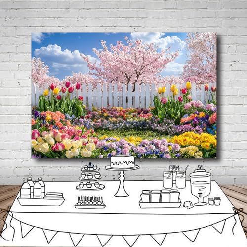 7x5FT Spring Garden Backdrop Secret Floral Garden Tulip Peach Blossom White Fence Backdround for Spring Easter Birthday Party Decoration Vinyl - size: 7x5FT