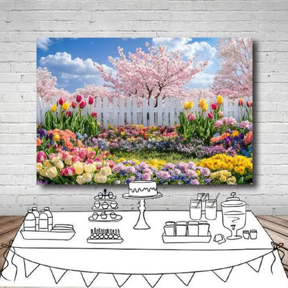 7x5FT Spring Garden Backdrop Secret Floral Garden Tulip Peach Blossom White Fence Backdround for Spring Easter Birthday Party Decoration Vinyl - size: 7x5FT