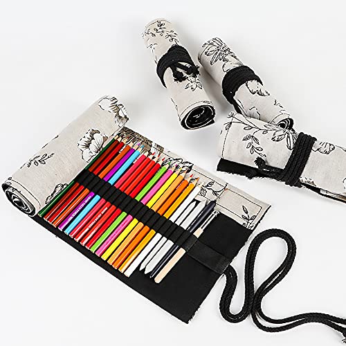 Funny live 36/48/72 Slots Colored Pencil Wrap Pencils Roll Holder Coloring Pencils Organizer Holder Colored Pen Paint Brush Storage Pouch Portable for Artist Student (Black peony, 48 Slots) - color: Black peony, size: 48 Slots