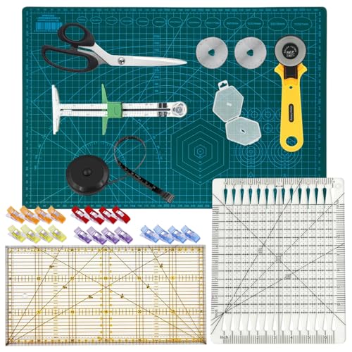 30 Pcs Rotary Cutter Set - 45mm Rotary Cutter Kit with A3 Cutting Mat, Fabric Scissors 3 Replacement Blades, 2 Quilting Rulers, Sewing Clips - Perfect for Fabric Cutting, Patchwork,Quilting,Sewing