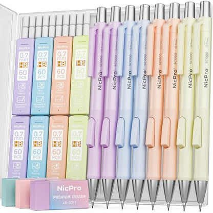 Nicpro 8 Pack Pastel Mechanical Pencil 0.7mm, Cute Fast Click Mechanical Pencils Set with 480PCS HB Lead Refills, 3 Erasers with Case, Aesthetic School Supplies for Writing Drawing Sketching | Mechanical Pencils Set with 480PCS HB Lead Refills, 3 Erasers