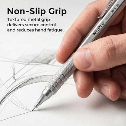 Nicpro 0.7mm Metal Mechanical Pencil Set with Case | 3PCS MP1000 0.7 Lead Pencil With 8 Tube HB Refills, 3 Erasers & 9 Refill For Artist Drafting Drawing Engineering Sketching - color: Silver, style: 0.7 MM